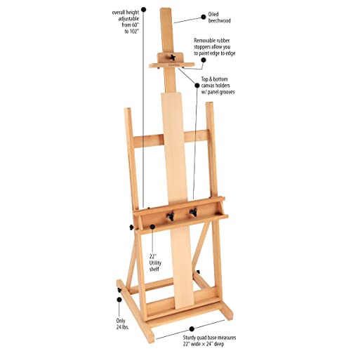 Creative Mark Carolina Wooden H-Frame Artist Studio Floor Easel Adjustable Multi Angles Small To Extra Large Canvas Paintings Up To 84"H - 90% Assembled - Oiled Beechwood #TOP5