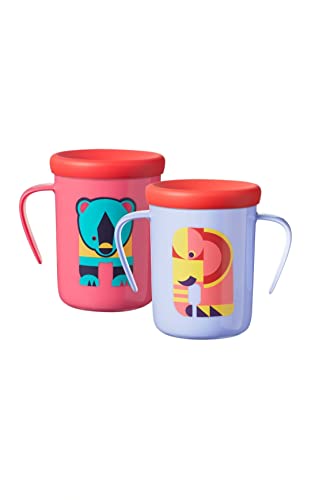 Tommee Tippee 2-Piece Easiflow 360° Spill-Proof Toddler Cup with Handles and Travel Lid, Elephant & Bear, 6+ months