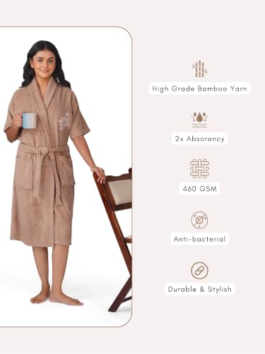 Image of RANGOLI Premium Women's Knee-Length 460 GSM Bamboo Bathrobe in Half Sleeves with 2 Pockets & Belt Closure with Ultra Soft Fabric & Skin-Friendly (Beige-XL) | Royal Bamboo