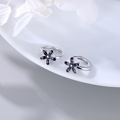 Reffeer Solid 925 Sterling Silver Daisy Flower Hoop Earrings Huggie for Women Teens Black Flower Hoop Earrings Cartilage Helix Earrings4