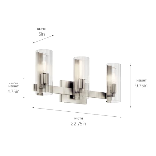 Image of Kichler Jemsa 3-Light Bathroom Vanity Light Fixture, Modern Wall Mount with Clear Fluted Glass in Brushed Nickel for Powder Room or Mirror (9.75 inch x 22.75 inch), 55168NI