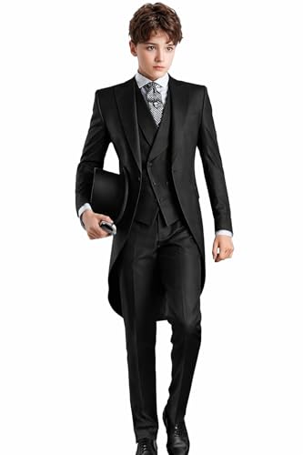 Wotoko Boys Tailcoat Suits Kids Tuxedo Boys Slim Fit 3 Piece Suits Long Tailcoat for Prom Wedding Vest Pants Black 6