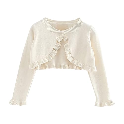 Kids Girls Ruffled Knitted Sweater Cardigan Solid Color Single Button Long Sleeve Sweatshirt Casual (White, 4-5 Years)