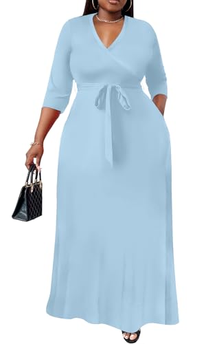 Image of Nmoder Plus Size Maxi Dress for Women - Summer Casual 3 /4 Sleeve Floral Flowy Long Dress with Belt XL- 6XL
