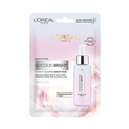 L’Oreal Paris Glycolic Bright Glowing Serum Sheet Mask, Face Mask for Glowing Skin, 22 g (pack of 5)