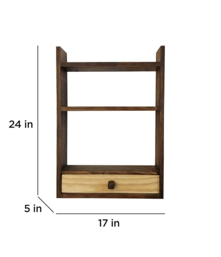 Image of IThree Rustic Wall Mounted Shelf Unit with 3 Tiers, Wooden Storage Rack with Drawer, Dark Brown (Style 2)