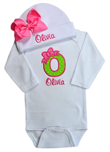 Baby Girl Embroidered INITIAL Bodysuit and MATCHING Grosgrain Bow Hat with Your Custom NAME (0-3 Months, Green Flowers with Hot Pink Bow Hat)