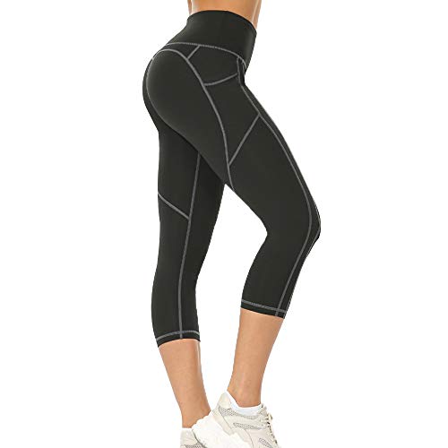 Puimentiua Women's Cropped Stretchy Yoga Pants/Seamless Women Gym Leggings/Waist Control with Pockets Ultra