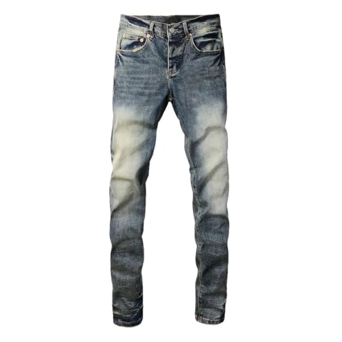 Men's Slim Fit Stretch Jeans Vintage Mid Waist Distressed Washed Comfort Straight Leg Denim Pants