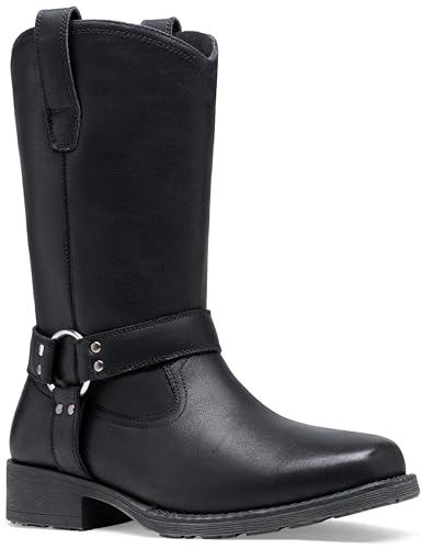 Image of Jousen Cowboy Boots for Men Leather Harness Square Toe | Retro Western Style Easy Pull-On Design Strap & Buckle Detail Engineer-Inspired Biker Motorcycle & Casual Wear