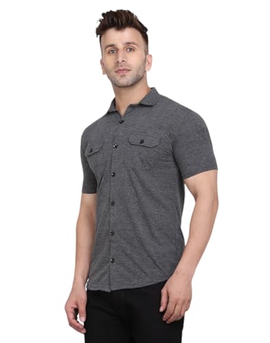 Image of Men's Half Sleeve Shirt - Spread Collar Casual Shirt with Double Flap Pockets - Slim Fit Cotton Blend Button-Down