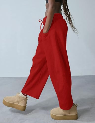 Womens Barrel Leg Sweatpant Mid Rise Elastic Waist Drawstring Casual Baggy Wide Leg Pants with Pockets2
