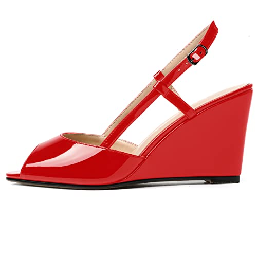 WAYDERNS Womens Patent Peep Toe Slingback Buckle Dating Adjustable Strap Casual Wedge High Heel Pumps Shoes 3.3 Inch2