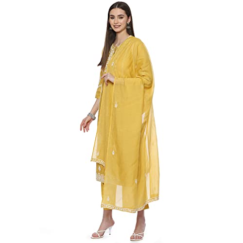 Image of BIBA Women Cotton Blend Straight Kurta Slim Pants Suit Set