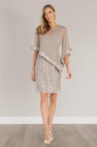 Image of R&M Richards Women's Knee-Length Glitter Sequin Lace Dress W /Sheer Asymmetric Poncho Overlay | Evening Cocktail Attire