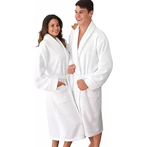 Unisex Premium Quality White Shawl Collar Bath Robe 100% Cotton Terry Toweling Men & Women Guest Bath Robe One Size Free Size Large Cover