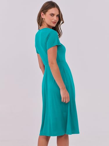 Image of ANRABESS Women Summer Dress Casual Short Sleeve V Neck A-Line Knee Length Pleated Flowy 2026 Fashion Midi Dresses with Pocket