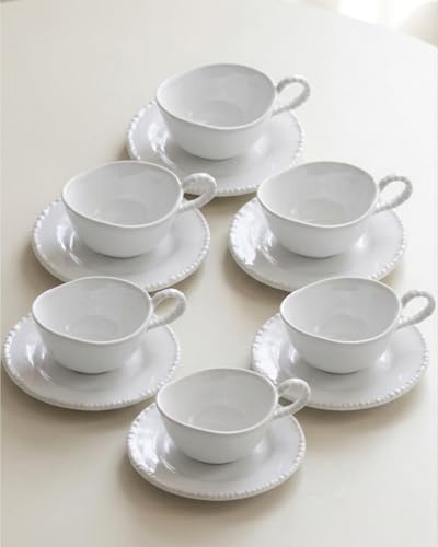 BAVARY Pearl Tazze Tè e Caffè con Piattino – Servizio Porcellana 12 Pezzi, 6 Persone – 200 ml – Design ondulato Pearl con bordo perlinato – Cappuccino, Tè e Infusi – Colazione – Bianco – Lavastoviglie