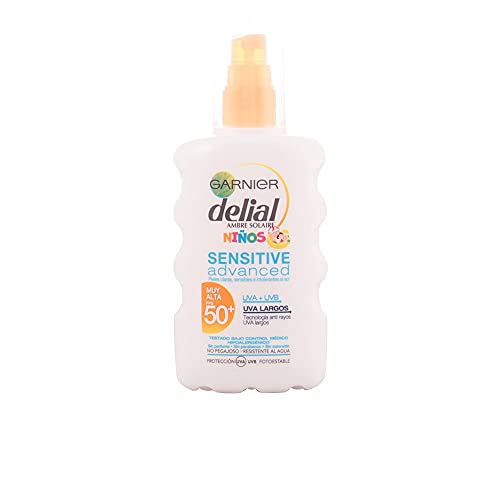 Garnier Delial Niños Sensitive Advanced Spray Protector Solar. Muy resistente al agua. Para pieles claras y sensibles. Alta Protección FPS 50+. Testada bajo control pediátrico, 150 ml