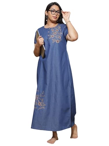 Image of 9shines Label Stylish Denim Cotton Nighty Maxi for Women | Full Length Trendy Nightgown | Premium Nightdress | Nightwear | Embroidery Nighty with Pocket (9SDS)