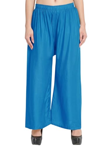 Image of FASHION GALLERY Women's Solid Rayon Palazzo Pants | Relaxed Fit Full Length Wide Leg Palazzo | Elastic Waist Comfortable Casual Lounge Office Ethnic Flared Trousers for Women