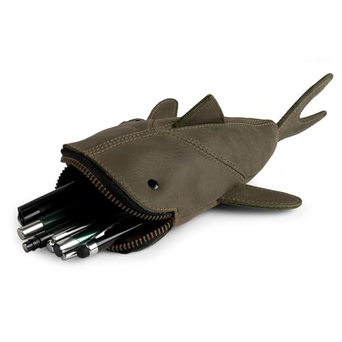 Image of Hide & Drink, Full Grain Leather Zipper Coin Pouch, Change Bag, Pencil Purse, Scissors Case, Shark Shaped Cable Holder, Wallet, Makeup, Stuffed Animal, Handmade, Dark Jade