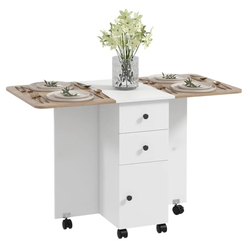 Image of TEKAVO Sora Foldable Dining Table with Storage Drawer Cabinet | Folding Space Saving Dining Table 4 Seater I Movable Table with 6 Wheels I White & Mile Oak I DIY.