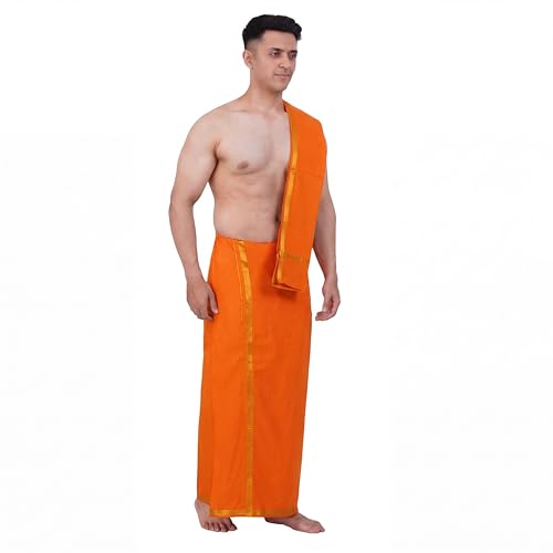 Image of PRAKASAM COTTON Mens Colour Jari Cotton dhoti and Angavastram Set (1.30X2.00 Meter Dhoti, 36X1.80 towel)