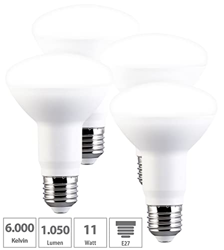 Luminea LED Leuchtmittel: 4er-Set LED-Reflektor R80, E27 11W (ersetzt 100W) 950lm tageslichtweiß (Lampen E 27, Lampe E27 tageslichtweiß, Wohnzimmerleuchten)