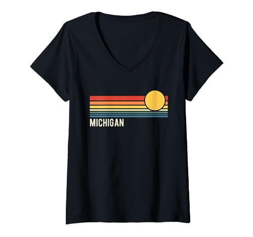 Michigan, USA, design retrò in stile tramonto Maglietta con Collo a V