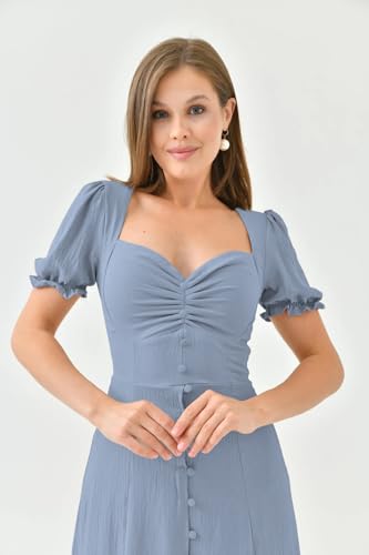Image of Shasmi Girl's & Women's Solid Midi Dress - Elegant Square Neck Button-Down Dress with Puff Short Sleeves | Stylish Casual & Party & Office Wear Outfit (Dress 105)
