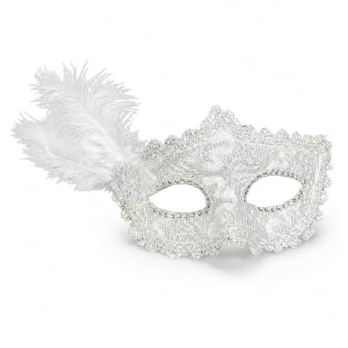 Image of Wanna Party White Glitter Masquerade Eye Mask with Feather | Elegant Costume Party Accessory for Halloween, Carnival, Theme Party & Celebration Events | Lightweight Fancy Dress Mask