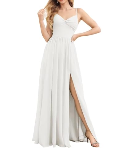 ORRCIGH Vestido de dama de honor con tirantes delgados, vestido de gasa con cuello en V, vestido largo formal para fiesta de noche, vestido largo con abertura WPX099, Marfil, 46