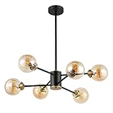 WINGBO 6-Light Modern Chandelier, Sputnik Pedant Light Fixture with Large Amber Glass Globe Shade fo