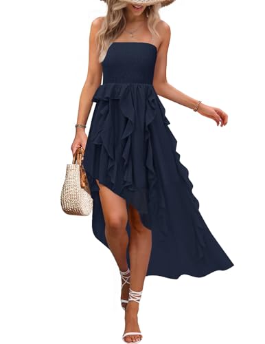 ZESICA Women's 2025 Summer Strapless Mini Dress Off Shoulder Smocked Tiered Irregular Irregular Ruffle Beach Tube Sundress