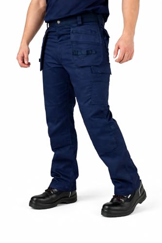 Image of Men’s Workwear Trousers with Holster Pockets Heavy Duty Cargo Work Pants Multi Pocket Utility Trousers for Builders Tradesmen & Construction, Waist 30–50, (Navy Blue - 34W / 29L)