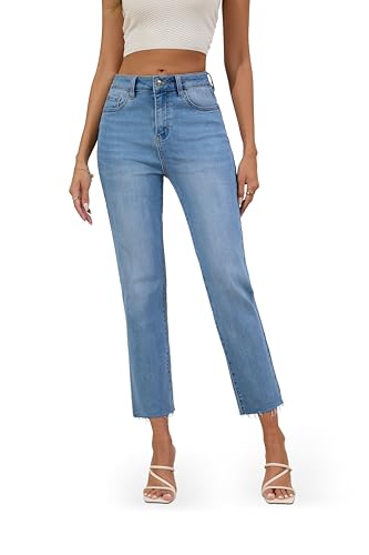 FLYING BANANA Women's High Waisted Straight Slim Ankle Stretch Denim Trendy Jeans (Light Blue, 8)