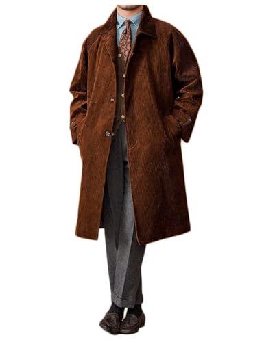 ONAXTDA Men's Corduroy Stripes Overcoat Slim Fit Single Breasted Lapeled Casual Long Jacket Pea Coat with Pockets
