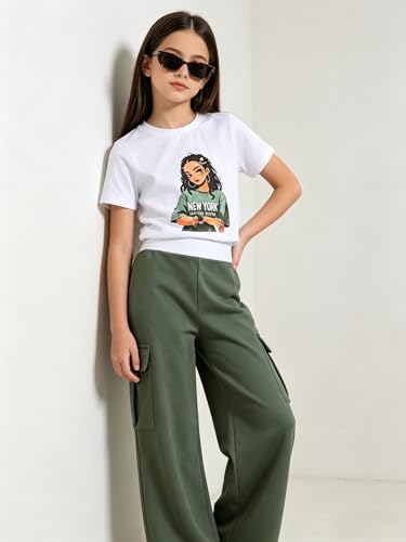 Image of Ayzozuy Kid Girl Clothes Outfits Figure Letter Graphic Tee Top + Flap Pocket Pants 2PC Clothing Set