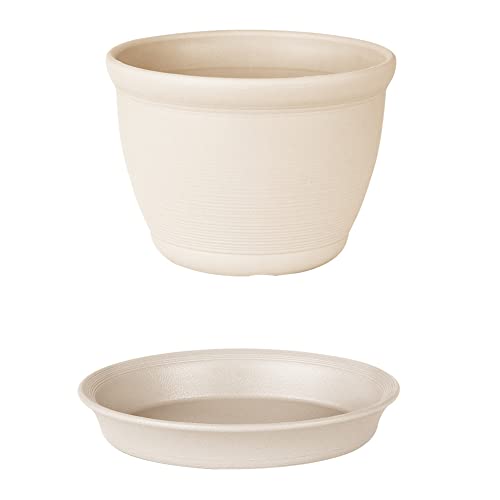 Bakkeny Maceta de resina gruesa con bandeja de plástico, redonda, para jardín, suculentas, color crema