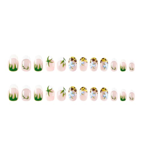 Image of Leopard Print Press on Nails White French Tip Fake Nails Short Almond False Nails with Flower Design Nude Glue on Nails Glossy Acrylic Full Cover Green Grass Stick on Nails for Women Manicure