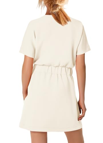 Image of SENSERISE Womens Short Sleeve T Shirt Dresses Crew Neck Solid Color Basic Smocked Waist Dress with Pockets