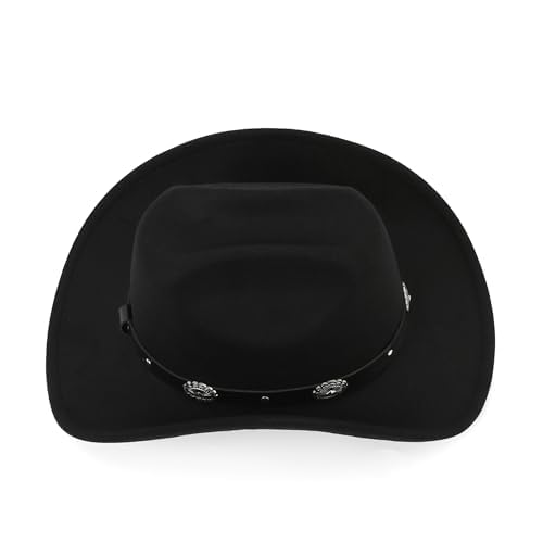 Cappello da cowboy e cowgirl classico in feltro nero con falda arrotolabile, per donne e uomini, decorazione con bukle per cintura in stile western