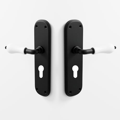 Arco Poignée de porte avec plaque – Finition noire avec manche en porcelaine blanche | Plaque de 236 x 65 mm (Bouche 85 mm)