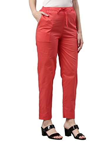 Image of GO COLORS Women Solid Medium Coral Mid Rise Cotton Pants - L