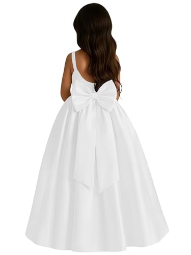 Satin Flower Girl Dress with Big Bow Elegant Sleeveless A-Line Ball Gowns Formal Communion Wedding Party Dresses