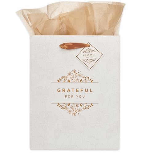Christian Art Gifts Portrait Gift Bag w/Tag & Tissue Paper Set for Women: Grateful for You - Faith-inspired for Birthdays Graduations Thinking of You White Floral Taupe & Golden Foil Medium
