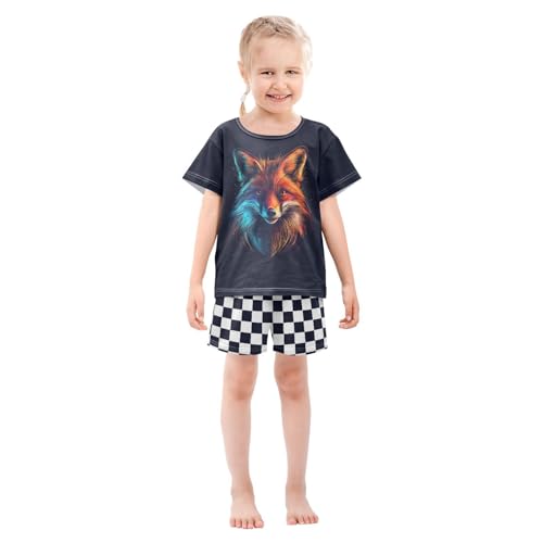 Checkerboard Plaid Neon Fox Black Pajama Set Short Sleeve Sleepwear Soft Pajamas Shorts Sets Cotton PJS 5Y3