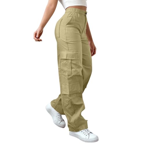 Sdwingk Women Cargo Pants Elastic High Waisted Baggy Wide Leg Hiking Pants Outdoor High Waisted Workout Pant with Pockets Khaki