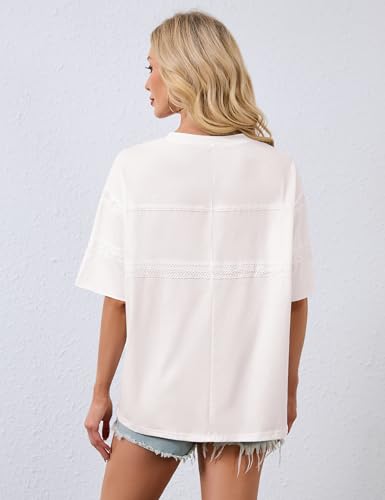 Women Oversized Tee Top Lace Contrast Short Sleeve Crew Neck Summer Tops Patchwork Cotton T-Shirt Streetwear3
